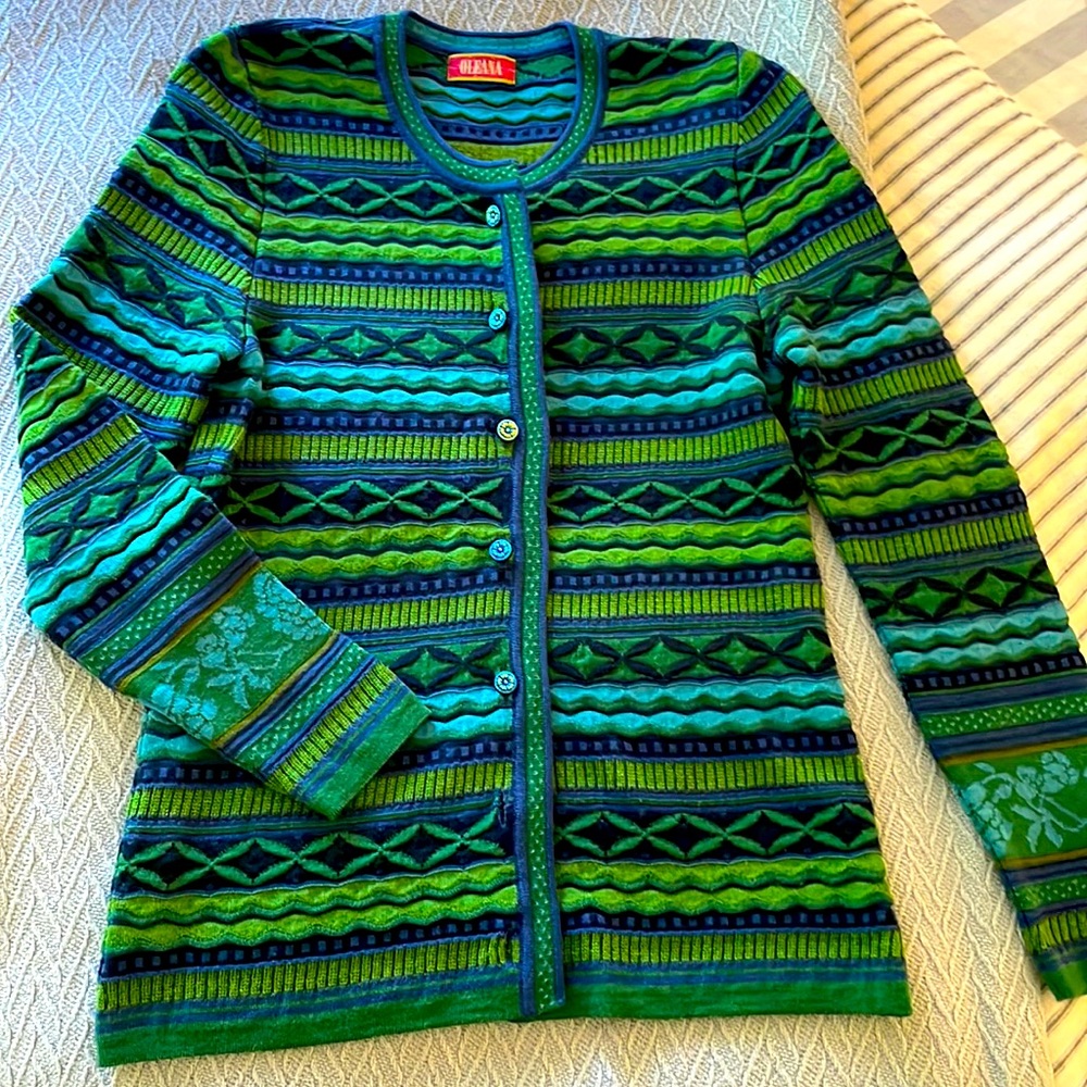 Oleana Silk/Merino Cardigan in shades of Blue and Green—XS